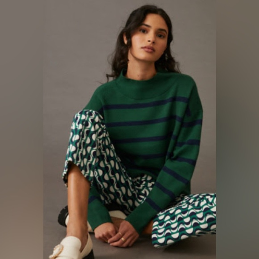 Anthropologie Green & Navy striped sweater, size S